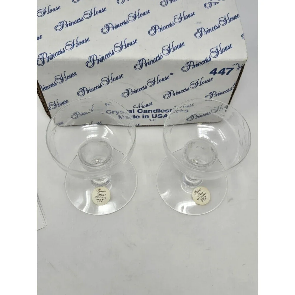 VINTAGE NOS PRINCESS HOUSE CRYSTAL CANDLESTICKS SET OF 2 WITH BOX #447 FLORAL